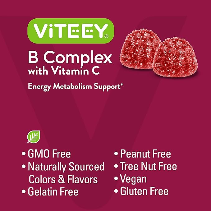 Viteey Vitamin B Complex Gummies with Vitamin C - Energy, Metabolism & Immune Support - B6, B12, Niacin, Folic Acid, Biotin, Calcium - Vegan, Gluten-Free - 120 Count