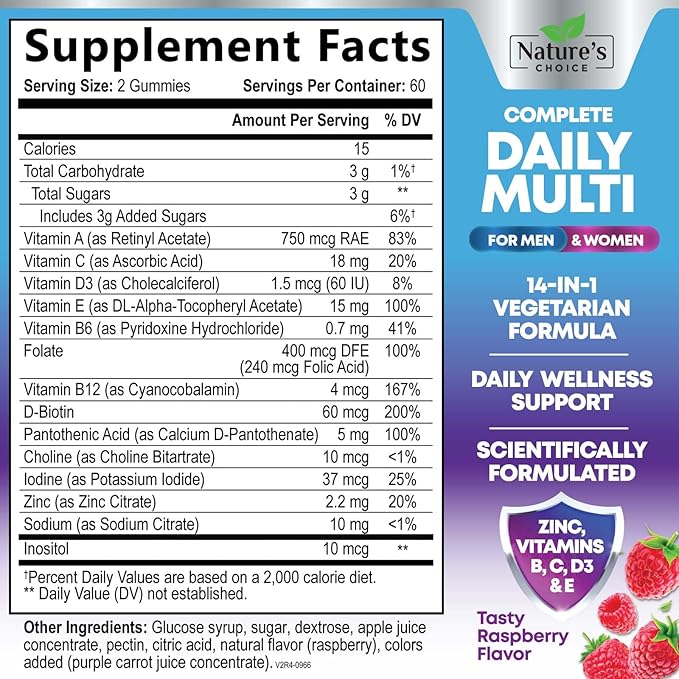 Multivitamin Gummies - Nature's Daily Gummy Multivitamins for Adults, Women & Men with Vitamins A, C, E, B6, B12, and Minerals - Natural Multi Vitamin Supplement, Non-GMO, Berry Flavor - 120 Gummies