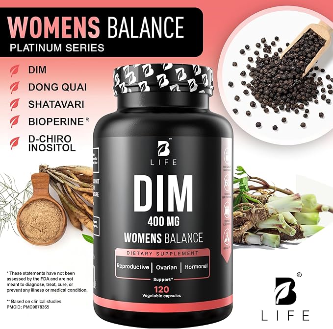 DIM Supplement 400 mg with Myo & D-Chiro Inositol, Dong Quai – Hormone Balance for Women – PCOS Supplements & Fertility Supplements – Inositol Supplement for Women - 120 Caps - 60 Day Supply