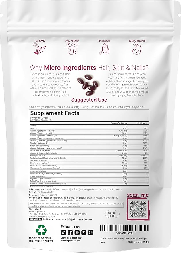 Micro Ingredients Hair Skin and Nails Vitamins for Women & Men | 400 Softgels with MCT Oil | 22-in-1 Argan Oil, Hyaluronic Acid, Collagen, Keratin & Biotin Complex | Natural Hair Growth Support