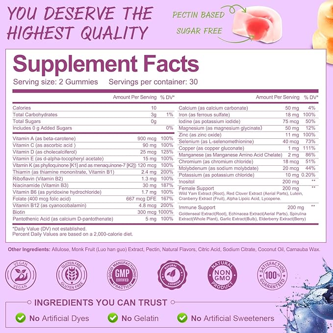 Sugar Free Womens Multivitamin Gummies with Iron, Women's Multivitamin w/Vitamins C, D3 K2, B12, B6, Filled Gummies for Daily Nutritional Support| Immune Support| Skin Health, Mixed Flavors, 60 Cts