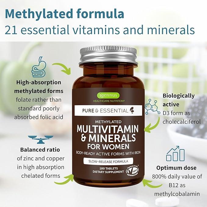 Igennus High Potency Methylated Multivitamin for Women, Pure & Clean Ingredients, MTHFR Supplement with Active B-Vitamins, Vitamin K2 MK7, Gentle Iron, Sustained Released, Non-GMO & Halal, 180 Tablets