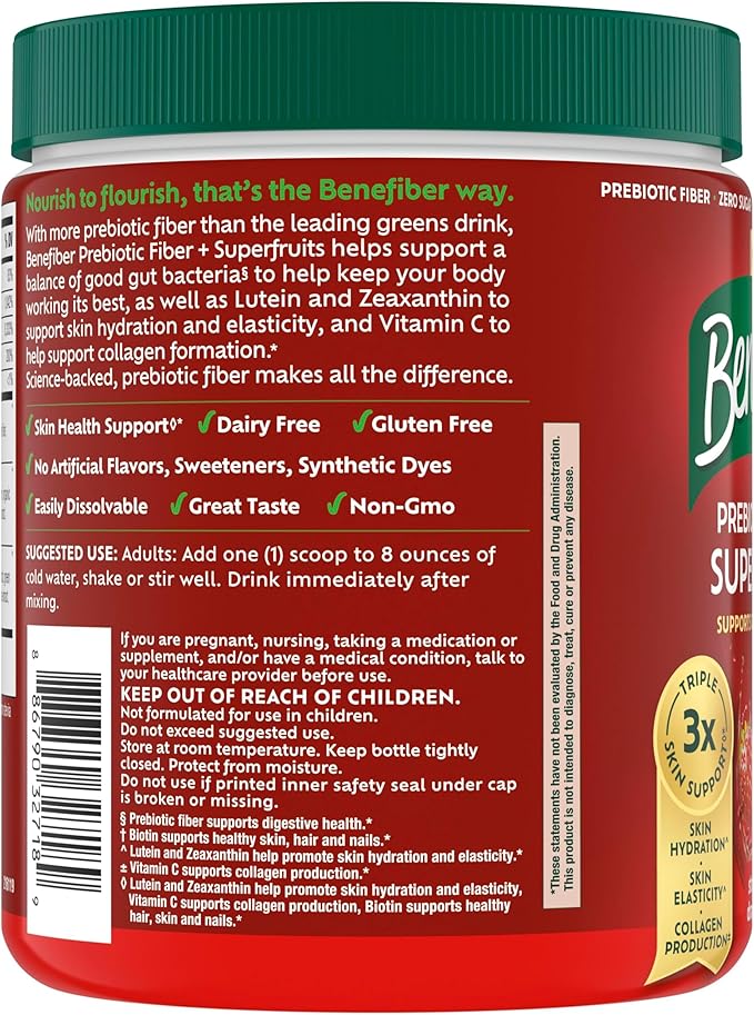 Benefiber Prebiotic Fiber + Superfruits Dietary Supplement, Strawberry Dragon Fruit Flavor, 8.8 oz (250g), 25 Day Supply
