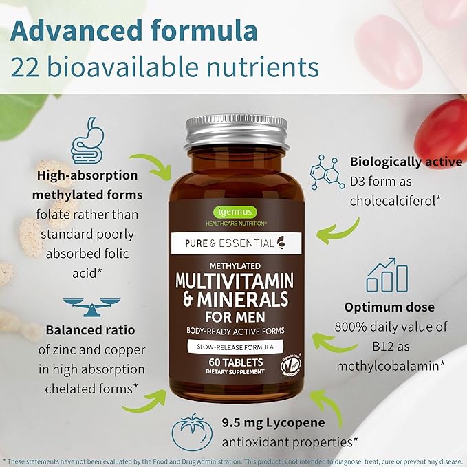 Igennus Methylated Men's Multivitamin with 22 Actives, All-Day Nutrient Delivery, Pure & Clean, Methylfolate & Methylcobalamin, High Strength MTHFR Supplement, Non-GMO & Halal, 60 Tablets