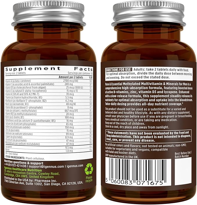 Igennus Methylated Men's Multivitamin with 22 Actives, All-Day Nutrient Delivery, Pure & Clean, Methylfolate & Methylcobalamin, High Strength MTHFR Supplement, Non-GMO & Halal, 60 Tablets