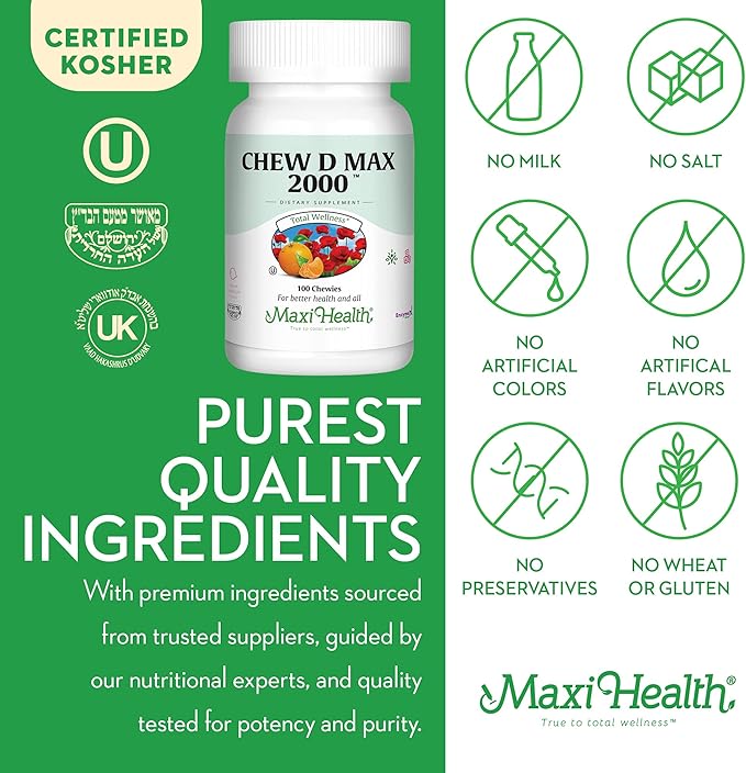 Maxi Health Chewable Vitamin D3 2000 IU Supplement - Delicious Natural Bubble Gum Flavor - Supports Calcium Absorption, Immune and Bone Health in Adult Women, Men, Children & Toddlers - 100 Chews