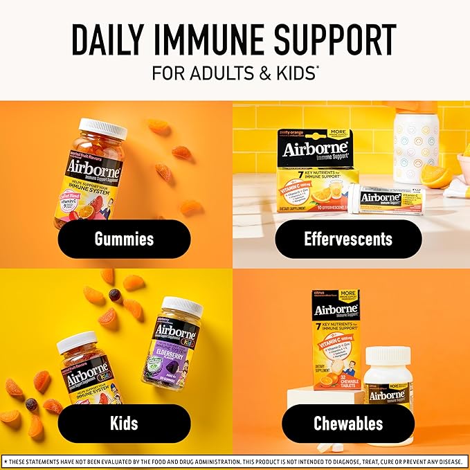 Airborne 1000mg Vitamin C with Vitamin D & Zinc, Sugar Free Multivitamin Immune Support Supplement, Antioxidants Vitamins A C & Vitamin E, 10 Effervescent Tablets, Zesty Orange Flavor