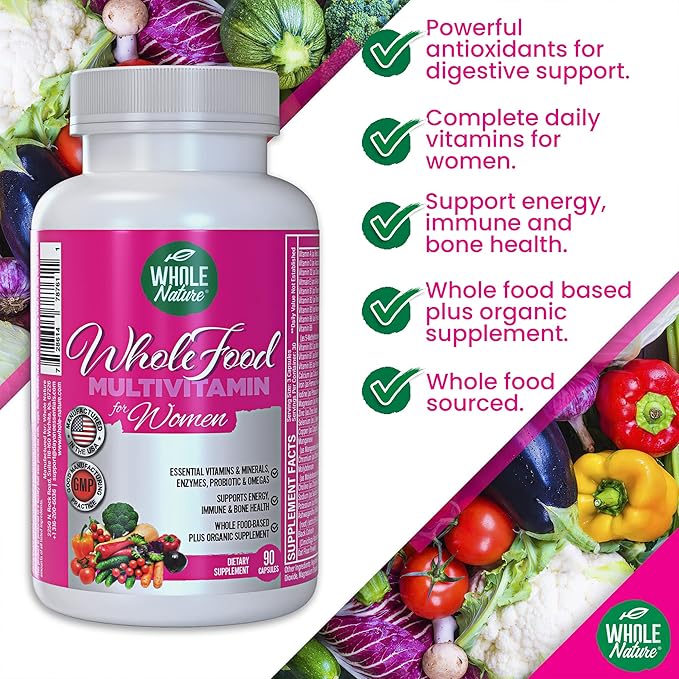 Whole Food Multivitamin for Women Womens Multi Vitamin with Folate, B12 Methyl, Vitamins, Minerals, Probiotics and Omegas, Vegan, Non GMO- 90 Capsules (1) (1)