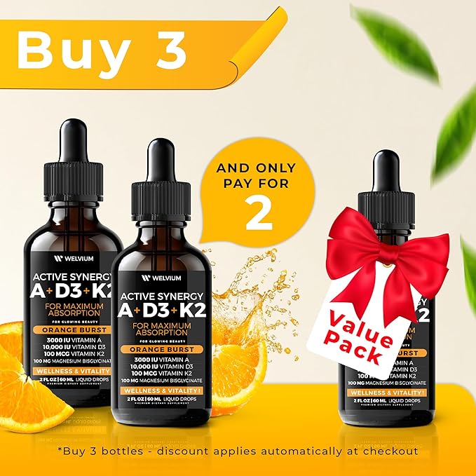 Liquid Vitamin D3 K2 Magnesium Liposomal Drops with 10000 IU Cholecalciferol, MK7, Vitamin A, Calcium, MCT Oil, Organic Sunflower Lecithin for Thyroid Immune Bone Heart Skin ADK Supplement
