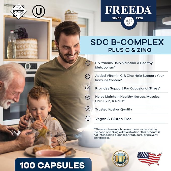 FREEDA SCD B-Complex with Vitamin C & Zinc | Methylfolate & Active B12 | Vegan, Kosher (180 Capsules)
