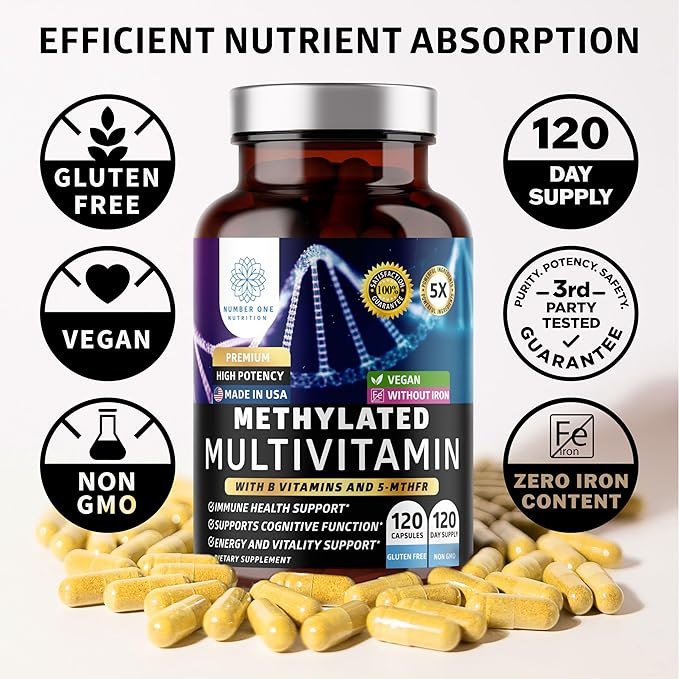 Number One Nutrition Methylated Multivitamin for Women & Men, Natural Daily Multivitamins with Folate, Vitamin B12, Vitamin B2 and B6, Non-GMO, Gluten-Free, 120 Caps