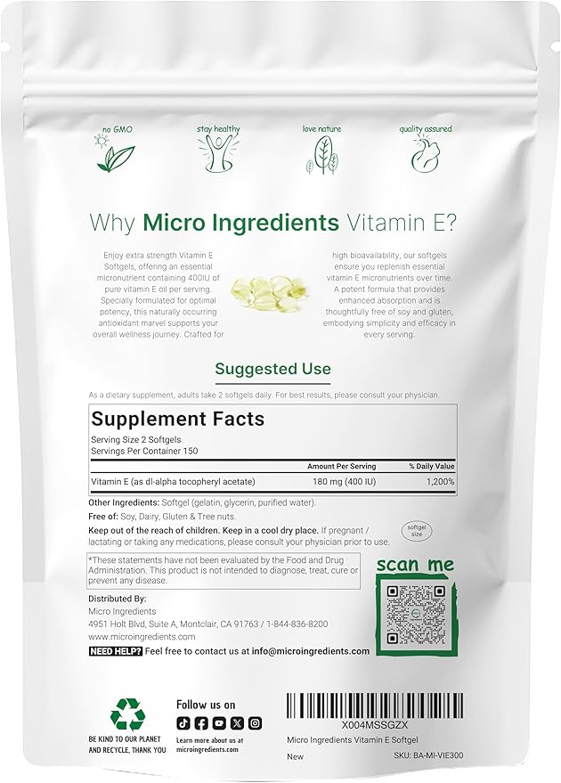 Micro Ingredients Vitamin E, 300 Softgels | Pure Vitamin E Oil Pills | Antioxidant Supplements for Skin, Face, Heart, & Immune Health | Non-GMO, Gluten Free