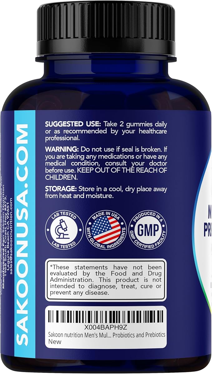 Sakoon nutrition Men's Multivitamin Gummies with Probiotics and Prebiotics, Adult Multivitamin A, C, D, E, B & More, Support Immune, Energy, Health, 60 Count