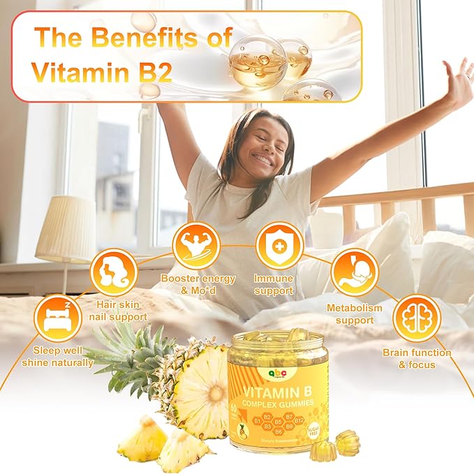 Vitamin B Complex Gummies for Adult Kid-Pineapple Flavor-Chewable Supplement with 8 Essential B Vitamins (B1, B2, B3, B5, B6, B7, B9, B12) Supports Energy,Metabolism & Mood,Non GMO,Vegan 60 Count