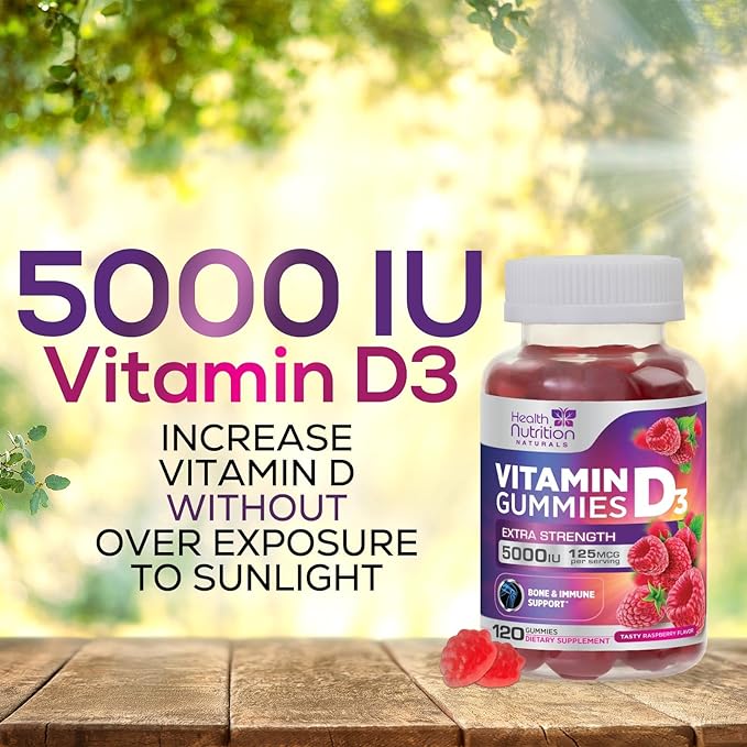 Vitamin D3 Gummies 5000 IU (125 mcg) - Extra Strength Immune Support, Bone, Teeth and Muscle Vitamin D Gummy Dietary Supplement, Nature's Berry D Vitamin Supplement, Raspberry, Non-GMO - 120 Gummies