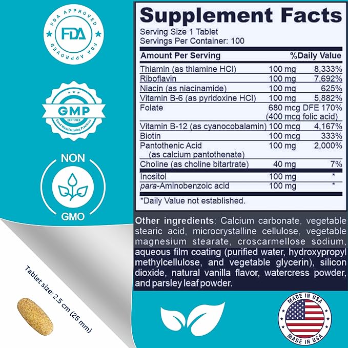 Super B-100 Complex – All B Vitamins Including B12, B1, B2, B3, B5, B6, B7, B9, Folate – High Potency B-Vitamins with Choline, Inositol & PABA – Energy & Metabolism Support – 100 Tablets