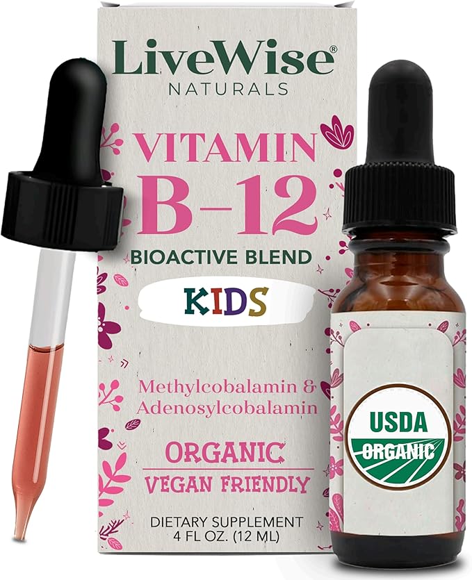LiveWise Naturals Vitamin B12 Liquid Drops for Kids | Toddlers and Children I Methylcobalamin and Adenosylcobalamin | USDA Organic I Vegan | Non-GMO | Gluten Free | Low Dose