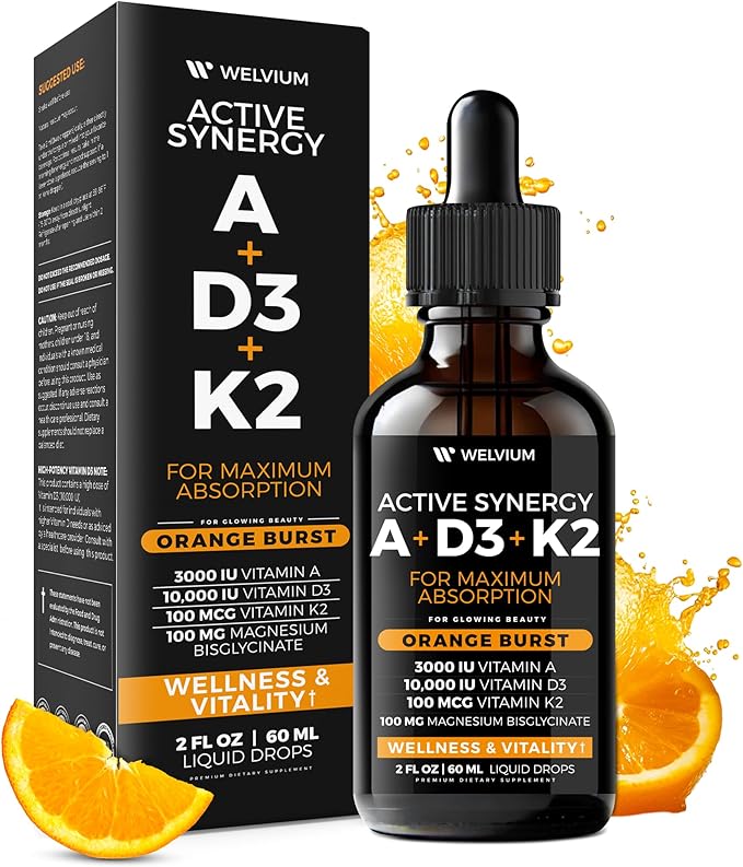 Liquid Vitamin D3 K2 Magnesium Liposomal Drops with 10000 IU Cholecalciferol, MK7, Vitamin A, Calcium, MCT Oil, Organic Sunflower Lecithin for Thyroid Immune Bone Heart Skin ADK Supplement