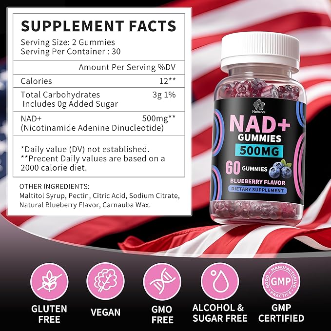 NAD+ Gummies, Liposomal NAD Supplement for Women, Ultra High Absorption Pure 500mg NAD Plus Gummies - Supports Cellular Renewal, Energy and Radiant Skin Health - Blueberry Flavor