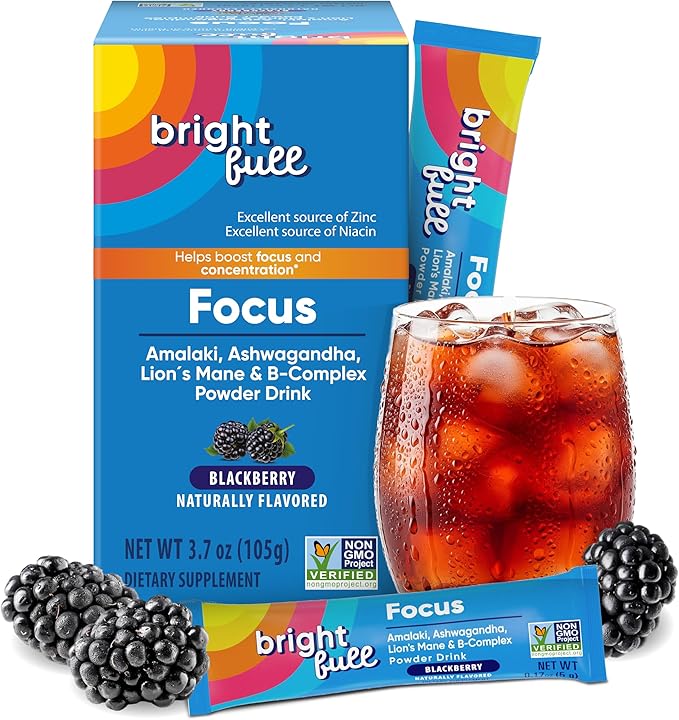 Focus Sugar Free Dietary Supplement Drink Mix with Ashwagandha, Lion’s Mane, B Vitamins B1 B2 B3 B5 B6 B12, for Cognitive Performance & Clarity BlackBerry, 21 Day Supply