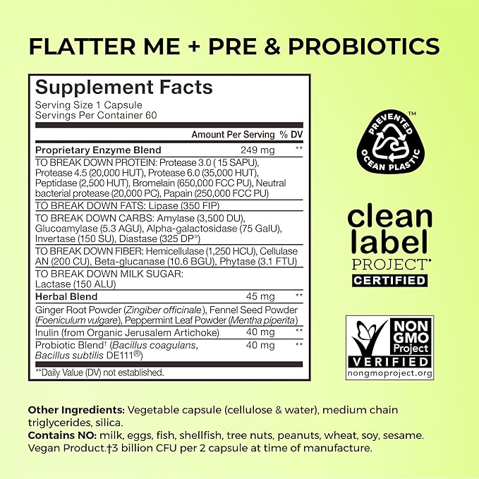 HUM Flatter Me Digestive Enzymes for Women & Men, Digestive Health Bloating Supplement with Ginger & Peppermint Leaf, Fast Acting Anti Bloat Pills Multi Enzyme for Debloating, Vegan, 60 Capsules