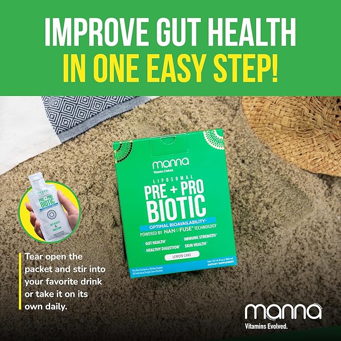 Manna Vitamins Evolved Liposomal Prebiotic + Probiotic Packets – 40 Billion CFU, 8 Strains – Gut, Digestive, Immune Support – High Absorption, Shelf-Stable, Daily Supplement, 30 Single Serves