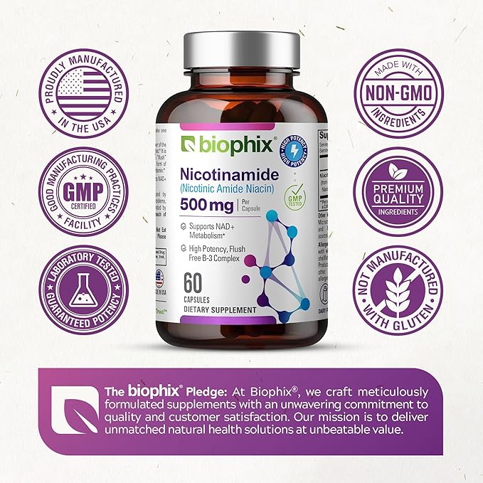 biophix B-3 Nicotinamide 500 mg 60 Caps - Nicotinic Amide Niacin Natural Flush-Free Vitamin Formula - Supports Skin Cell Health