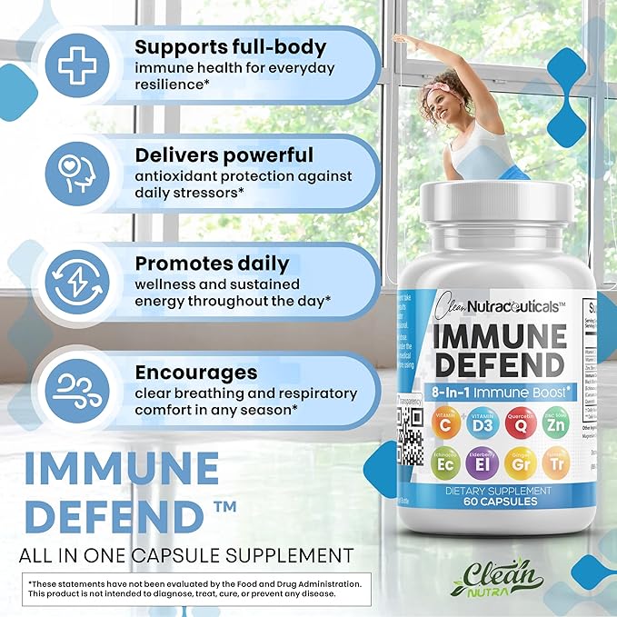 Clean Nutraceuticals Immune Defense Support Supplement 8 in 1 with Zinc 50mg Quercetin, VIT C 1000mg, Vitamin D3 5000 IU, Elderberry, Ginger - Immunity System Booster for Adults, Vegan - 60 Count