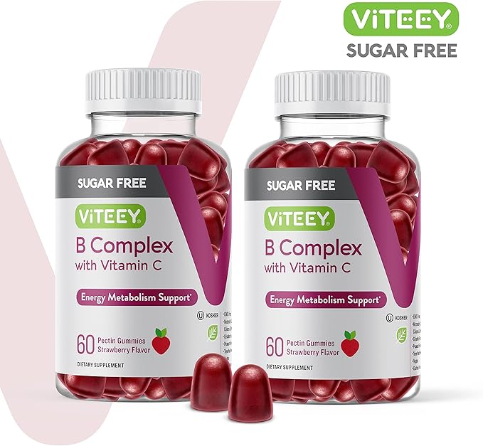 VITEEY Vitamin B Complex Gummies with Vitamin C, Sugar Free - Energy, Metabolism & Nerve Health - B6, B12, Folic Acid, Biotin - Vegan, Gelatin Free, GMO Free - Tasty Chewable Strawberry Flavored Gummy