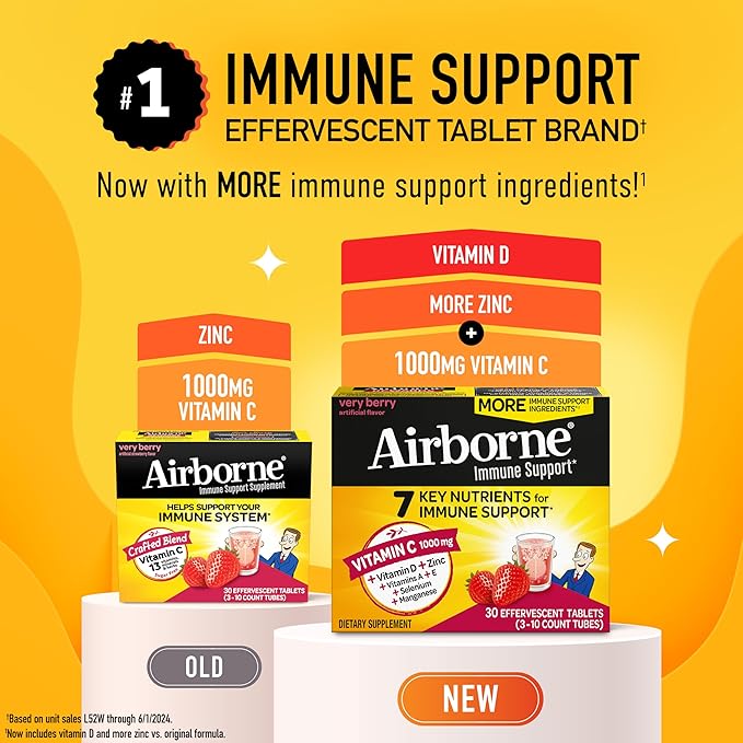 Airborne 1000mg Vitamin C with Vitamin D & Zinc, Sugar Free Multivitamin Immune Support Supplement, Antioxidants Vitamins A C & Vitamin E, 30 Effervescent Tablets, Very Berry Flavor