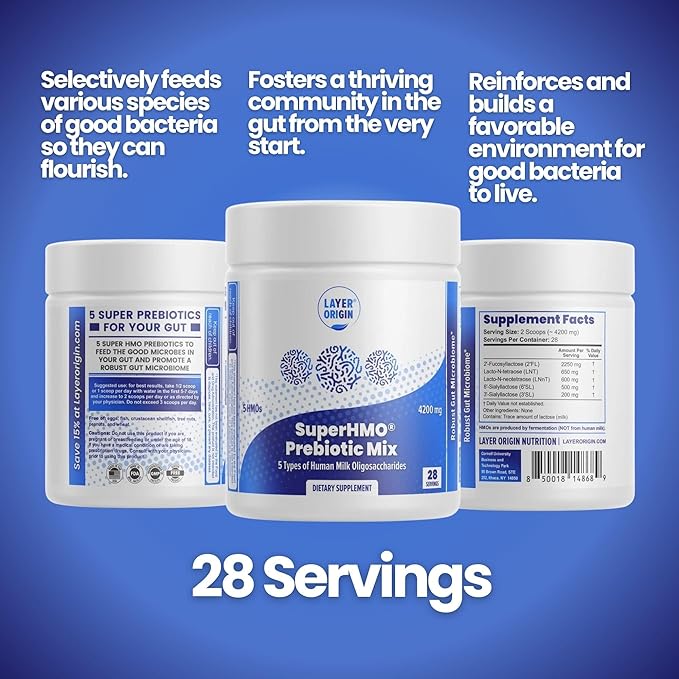 Layer Origin SuperHMO Prebiotic Mix with 5 HMOs for Gut, Digestion, Brain Health - Powder, 28 Servings