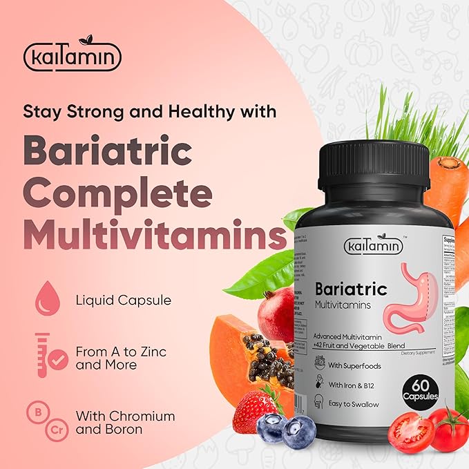 Bariatric Multivitamin with Iron - Easy-to-Swallow Capsule for Post Bariatric Surgery - Post Sleeve and Post Bypass with 42 Fruit & Veggies Blend - 60 Liquid Capsules