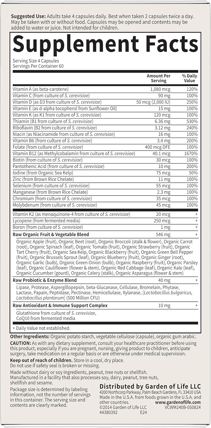Garden of Life Multivitamin for Men - Vitamin Code 50 & Wiser Men's Raw Whole Food Vitamin Supplement with Probiotics, Vegetarian, 240 Capsules