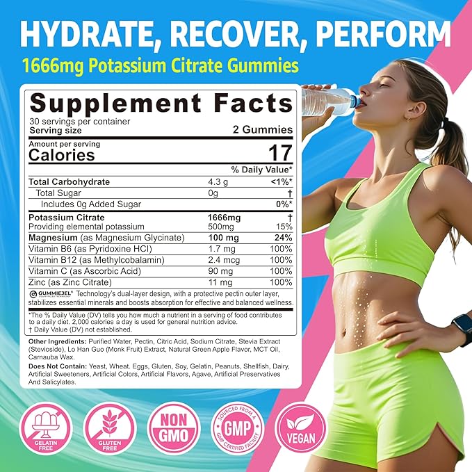 Potassium Citrate Gummies 1666mg for Adults - Potassium Supplement, Magnesium Glycinate, Zinc, B6, B12 & C â Electrolyte Gummies for Energy, Recovery & Leg Cramps, Vegan 60 Cts
