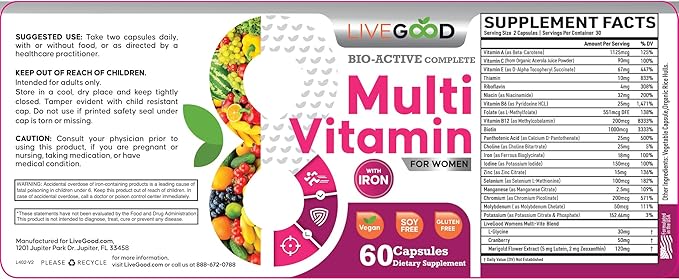 LIVEGOOD™ Women's Bio-Active Complete Multivitamin with Iron, Vitamin A, B12, C, E, Lycopene, Vegan, 60 Capsules