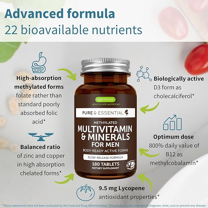 Igennus Methylated Men's Multivitamin with 22 Actives, All-Day Nutrient Delivery, Pure & Clean, Methylfolate & Methylcobalamin, High Strength MTHFR Supplement, Non-GMO & Halal, 180 Tablets