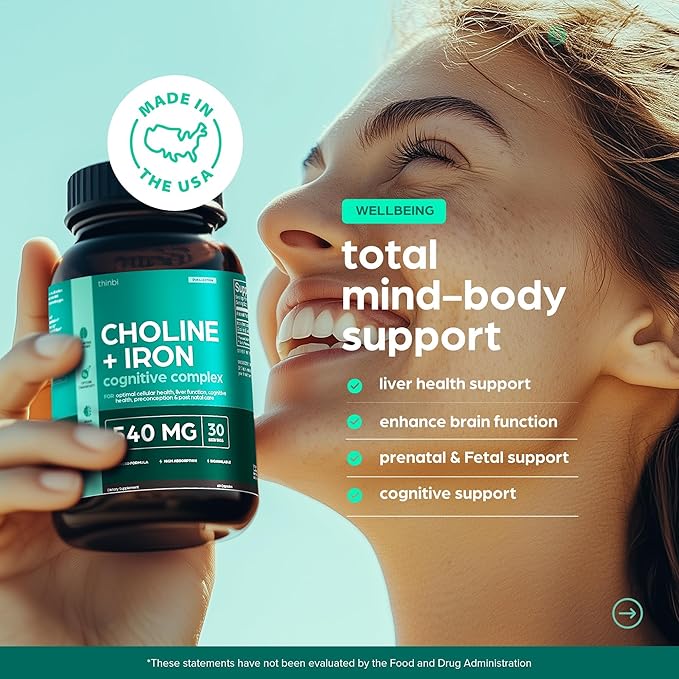 Choline & Iron Prenatal Supplement for women – 500mg Choline + 40mg Iron (Ferrous Fumarate), Choline Supplements for Pregnancy Brain & Memory Support – Cognitive & Metabolic Health, Vegan –30 Servings