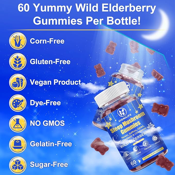 Sleep Mushroom Gummies with Reishi & Saffron -Natural Sleep Aid & Relaxation Supplement, Wild Elderberry Flavor, Non-GMO, No Sugar, 120 Count