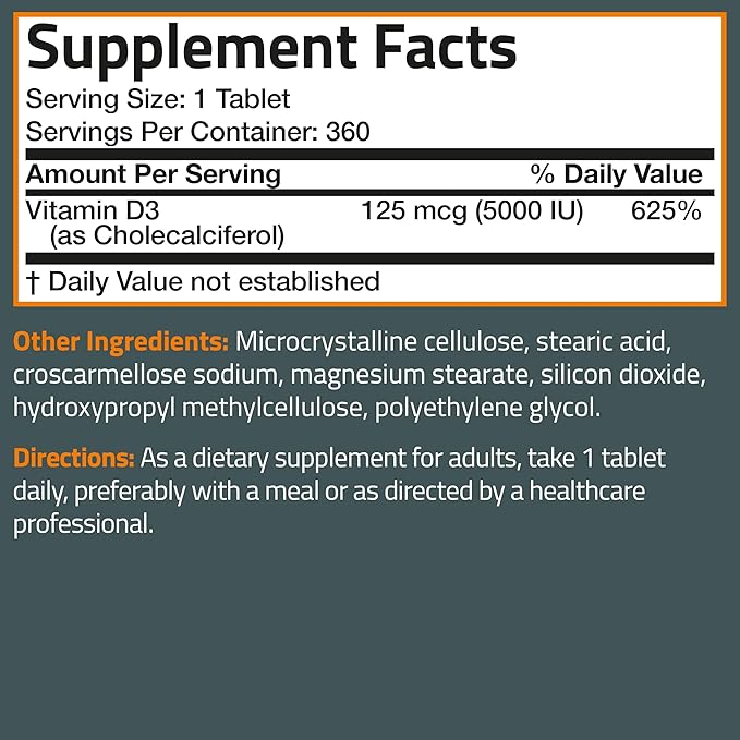 Bronson Vitamin D3 5000iu (125mcg) 1 Year Supply for Healthy Muscle Function and Immune Support, Non-GMO, 360 Tablets