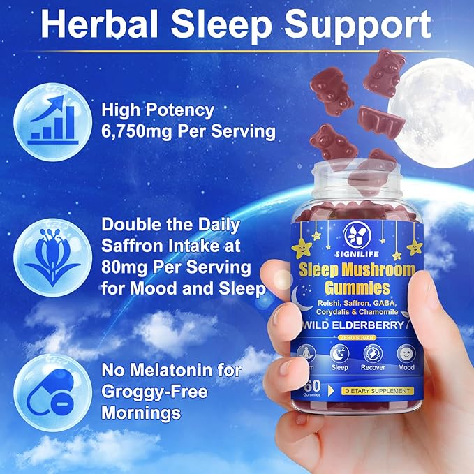Sleep Mushroom Gummies with Reishi & Saffron -Natural Sleep Aid & Relaxation Supplement, Wild Elderberry Flavor, Non-GMO, No Sugar, 120 Count