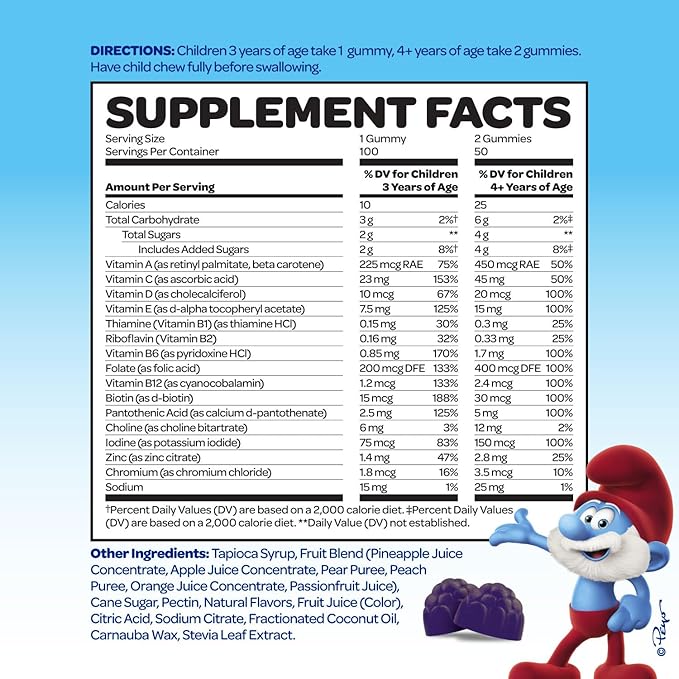 The Smurfs Kids Multivitamin Gummies with 15 Daily Vitamins and Minerals for Growth & Development | Made with Real Fruit in a Smurf Berry | Delicious, Doctor Developed & Non-GMO Formula | 100 Gummies