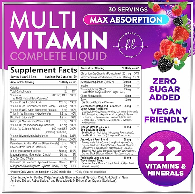 Multivitamin for Women, Men & Kids - Sugar Free & Vegan, Multi Vitamin Liquid & Multimineral, Vitamins A, C, D3, E, B6, B12 & Zinc, Women's Multivitamin & Immune Support, Berry Flavor - 15 Fl Oz
