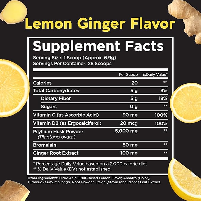 Pinch Magic Sugar Free Fiber Powder – Light Lemon Ginger Psyllium Husk with Bromelain & Vitamins C & D – Vegan, Gluten-Free, Clean Label, USA-Made, GMP-Certified – 28-Day Supply