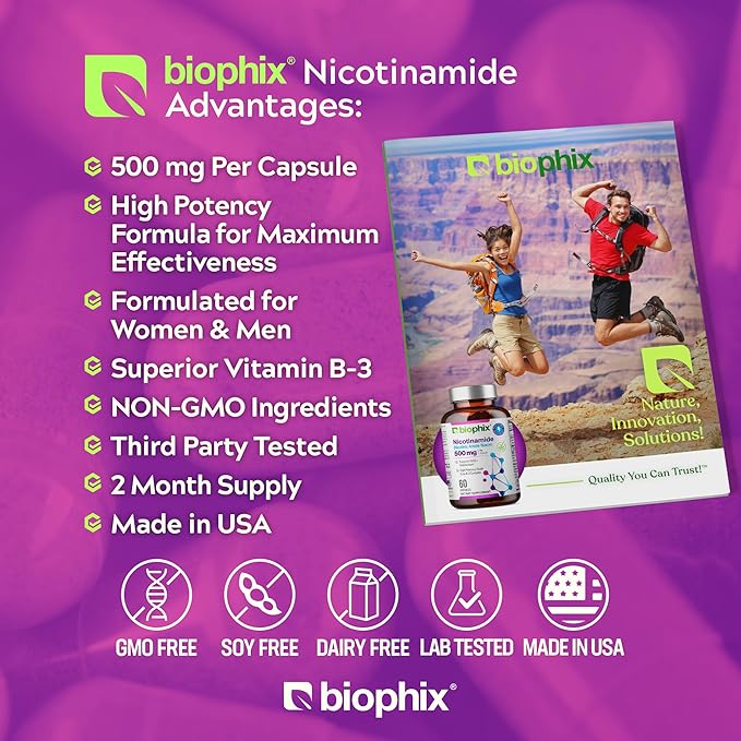 biophix B-3 Nicotinamide 500 mg 60 Caps - Nicotinic Amide Niacin Natural Flush-Free Vitamin Formula - Supports Skin Cell Health