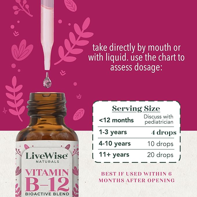 LiveWise Naturals Vitamin B12 Liquid Drops for Kids | Toddlers and Children I Methylcobalamin and Adenosylcobalamin | USDA Organic I Vegan | Non-GMO | Gluten Free | Low Dose