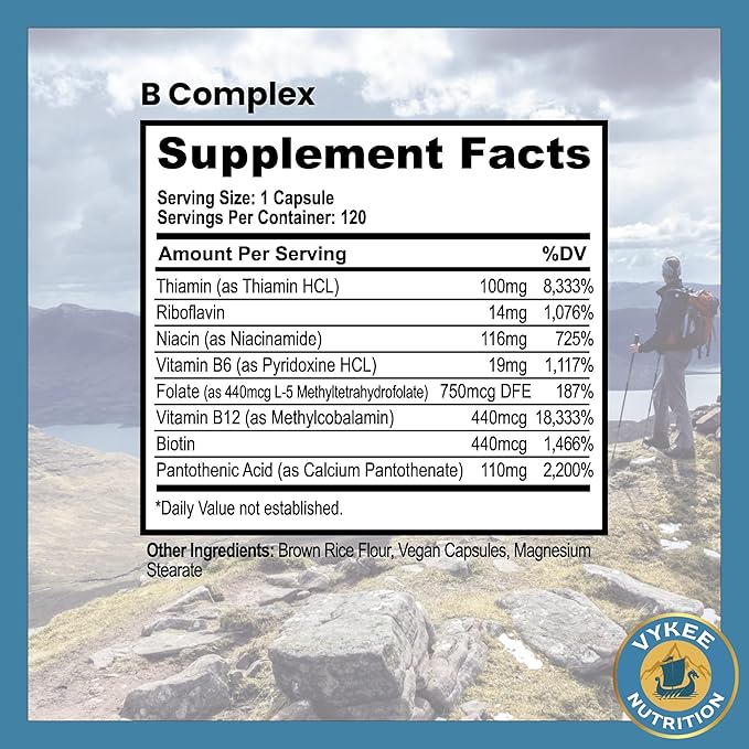 B Complex Supplement – High-Potency B Vitamins with 750mg DFE Folate, 440mcg B12/Biotin | Vegan Non-GMO | Supports Cellular Energy Production & Red Blood Cell Formation | 120 Capsules
