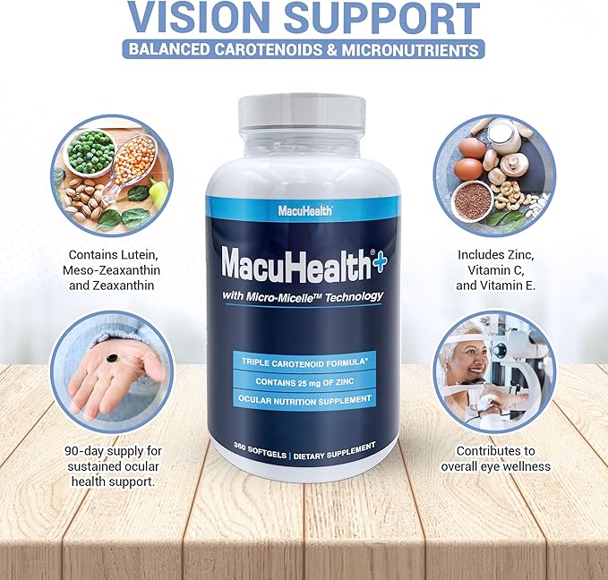 Macuhealth Plus+ Eye Vitamins Supplement for Adults - 90 Day Supply with Lutein, Zeaxanthin, and Meso-Zeaxanthin - Unflavored, Vitamin for Eyes