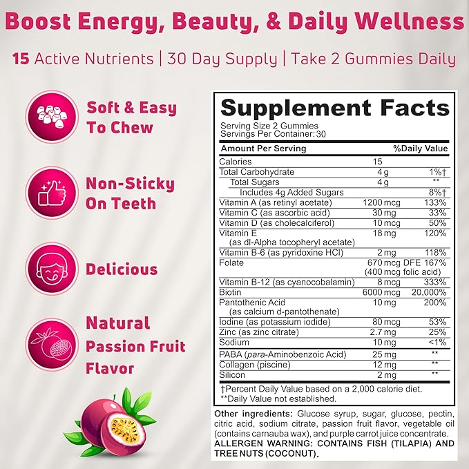 Hair Skin and Nails Gummies with Biotin (6000mcg), Collagen & PABA - Hair, Skin, and Nails Vitamins for Women and Men - Supports Hair Growth, Stronger Nails, Healthy Skin - 30 Servings