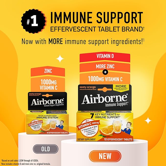 Airborne 1000mg Vitamin C with Vitamin D & Zinc, Sugar Free Multivitamin Immune Support Supplement, Antioxidants Vitamins A C & Vitamin E, 10 Effervescent Tablets, Zesty Orange Flavor
