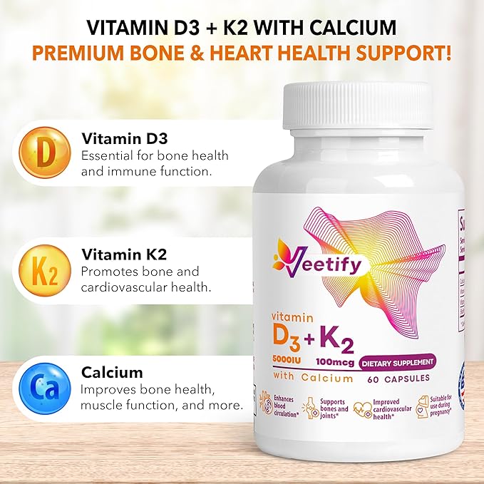 Vitamin D3 (5000 IU) and K2 (100 mcg) with Calcium - 60 Veggie Capsules
